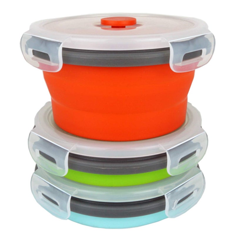 CCyanzi Ecomorning 3Piece Round Collapsible Lunch Container Silicone Food Storage Containers Collapsible Camping Bowl with Airtight Silicone Lids, Microwave, & Freezer Safe, 350ML - Image 1